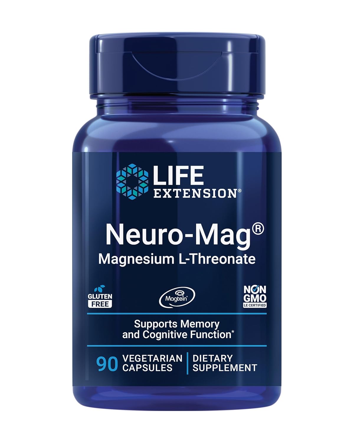 Life Extension Neuro-Mag Magnesium L-Threonate, Memory Health, Quick Thinking, Cognitive Health Support, Vegetarian, Non-GMO, 90 Vegetarian Capsules (144 mg from 2000 mg Magtein magnesium L-threonate
