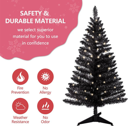4ft Lighted Artificial Black Christmas Tree, Not Pre-lit Black Tinsel Pine Trees with Lights, Ideal for Ideal for Home, Office, and Xmas Party Décor - Includes Stand