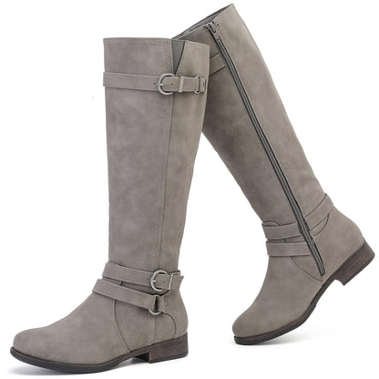 Women's Knee High Boots Classic Comfort Riding Combat Boot Round Toe Side Zipper Long Tall Fall Winter Boots for Women.