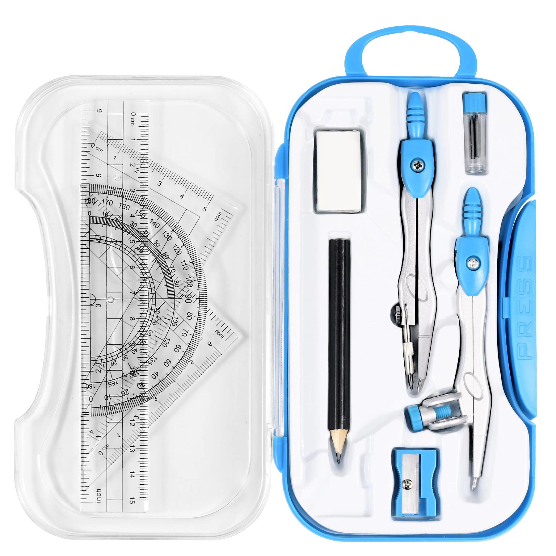 Math Geometry Kit Sets 10 Piece Student Supplies with Shatterproof Storage Box,Includes Rulers,Protractor,Compass,Eraser,Pencil Sharpener,Lead Refills,Pencil,for Drafting and Drawings（Green）