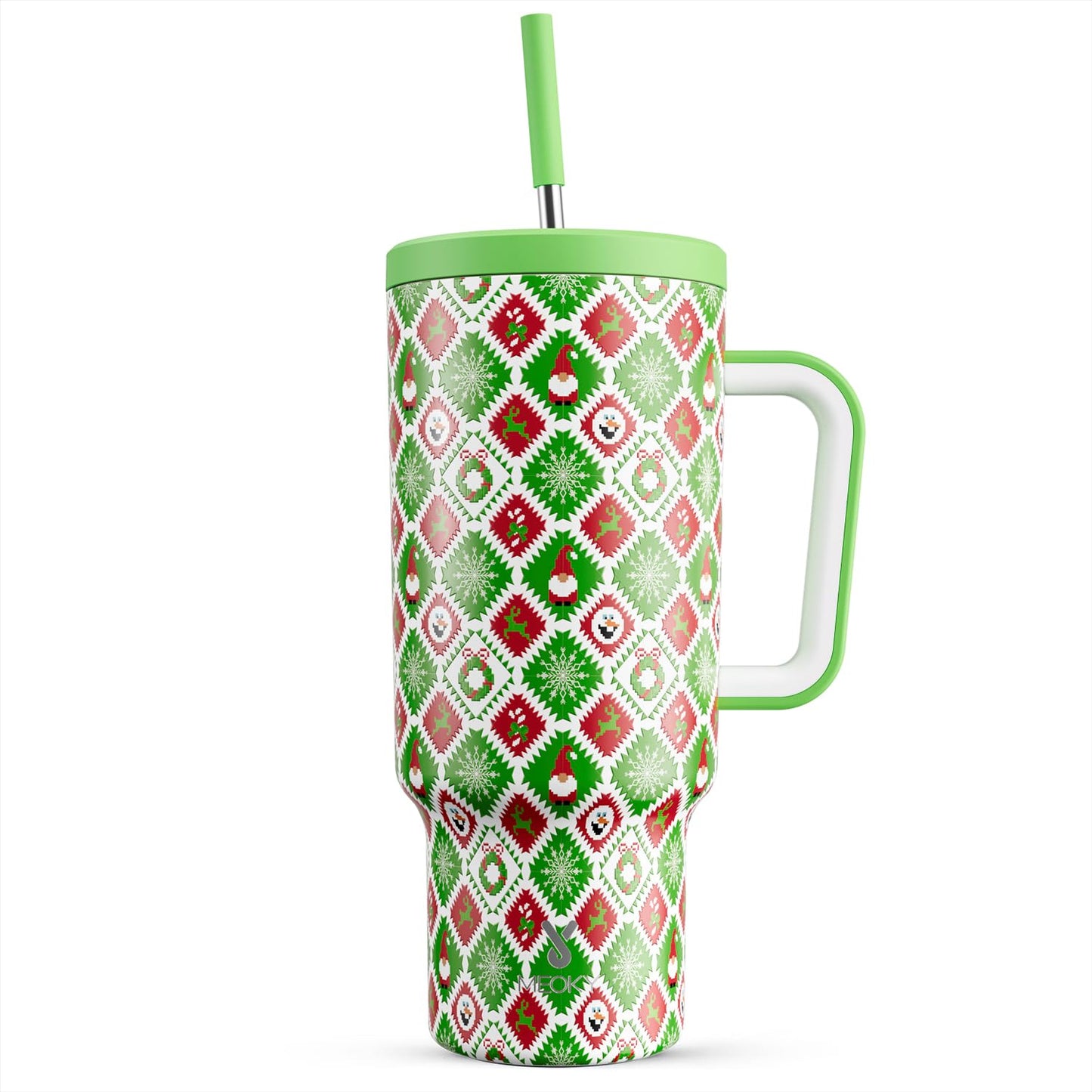 Meoky 40 oz Christmas Tumbler with Handle and Straw, Xmas Tumbler with Lid and Straw, Insulated Stainless Steel Travel Mug, Christmas Gifts for Women Men Adults (Jolly Reindeer)