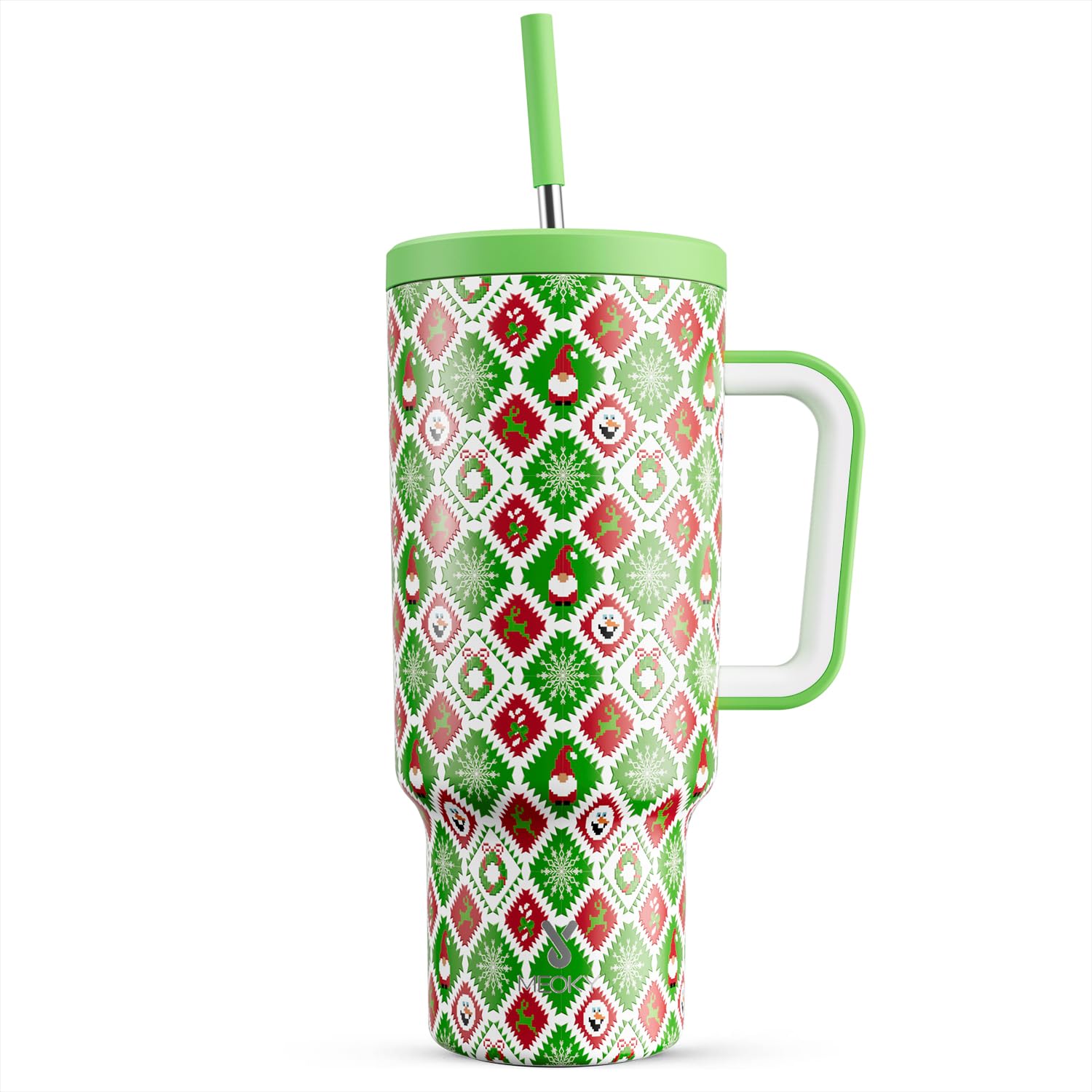 Meoky 40 oz Christmas Tumbler with Handle and Straw, Xmas Tumbler with Lid and Straw, Insulated Stainless Steel Travel Mug, Christmas Gifts for Women Men Adults (Jolly Reindeer)