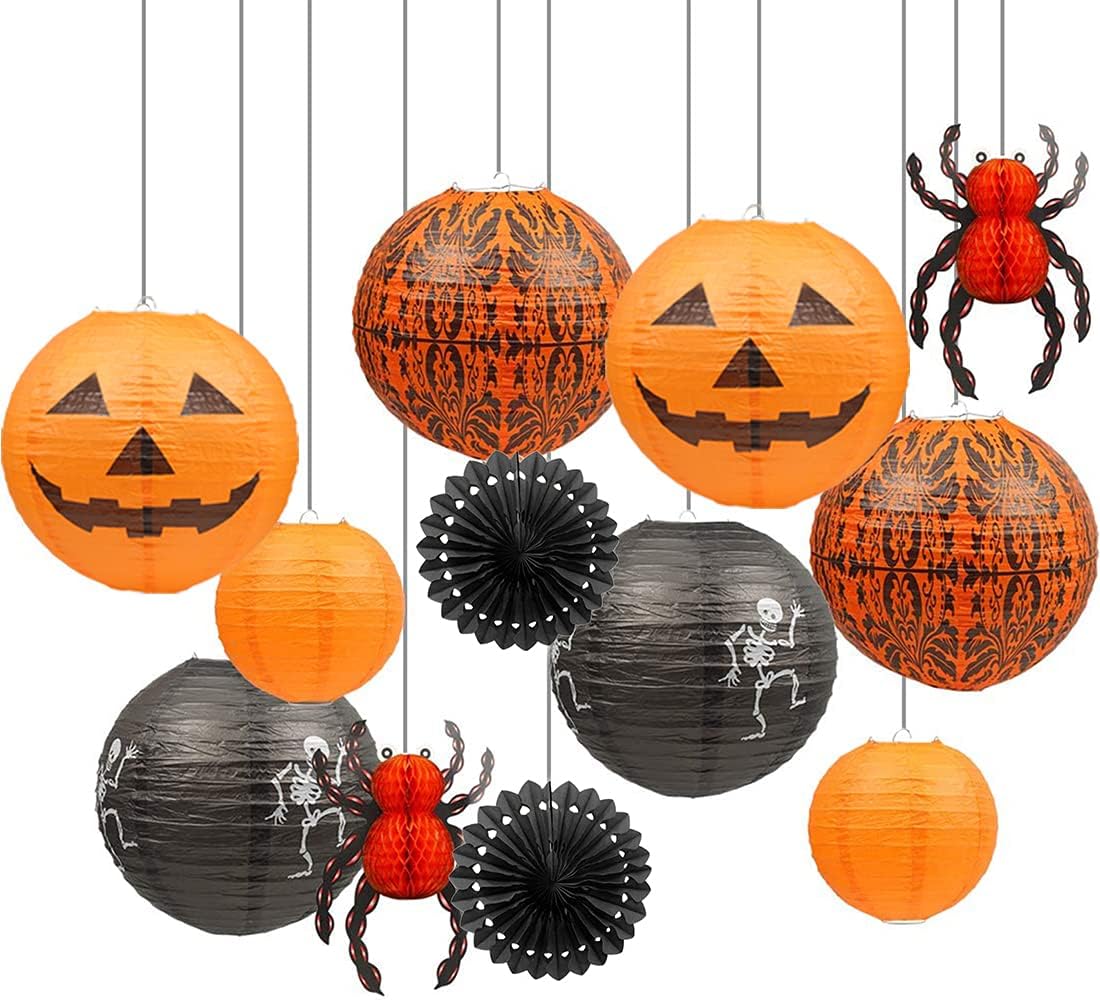 UNIQOOO 12Pcs Halloween Hanging Decorations Paper Lanterns, Jack-O'-Lantern Spider Skeleton Pumpkin for Indoor & Outdoor Spooky Home Decor, Party Supplies Props, 12" & 8" (Orange, Black)