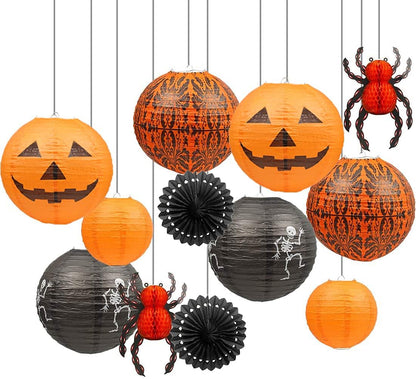 UNIQOOO 12Pcs Halloween Hanging Decorations Paper Lanterns, Jack-O'-Lantern Spider Skeleton Pumpkin for Indoor & Outdoor Spooky Home Decor, Party Supplies Props, 12" & 8" (Orange, Black)
