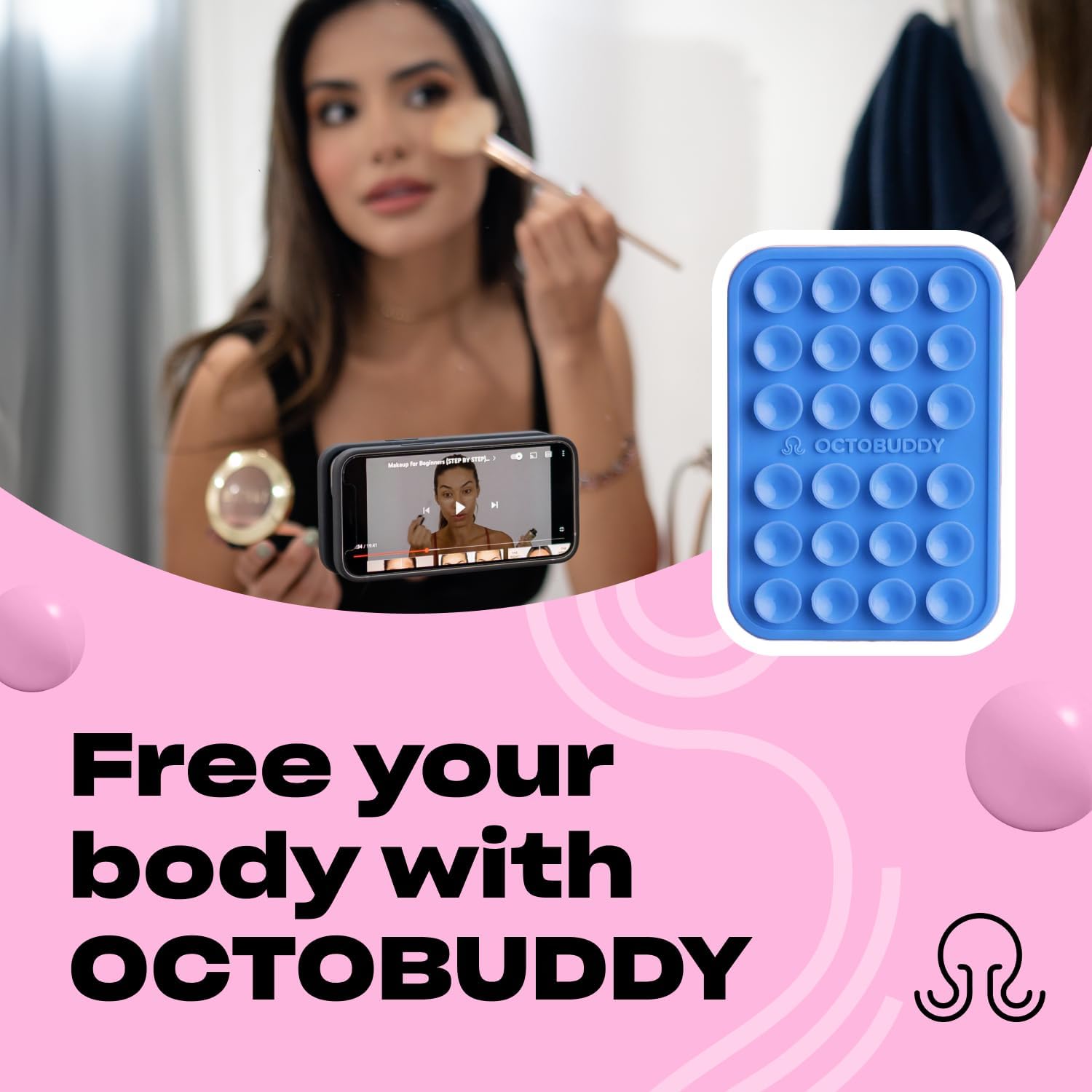 OCTOBUDDY Classic MAX - Silicone Suction Phone Case Adhesive Mount - Hands-Free, Strong Grip Holder for Selfies and Videos - iPhone and Android Compatible - 2.6″ x 3.9″, Baby Blue Jay