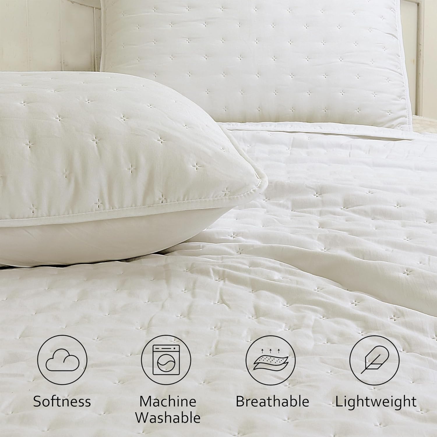 ROARINGWILD Ivory Queen Size Quilt Bedding Sets with 2 Pillow Shams, Full Cream Lightweight Soft Bedspread Coverlet, Thin Comforter Bed Cover for All Season, 3 Pieces, 90x90 inches