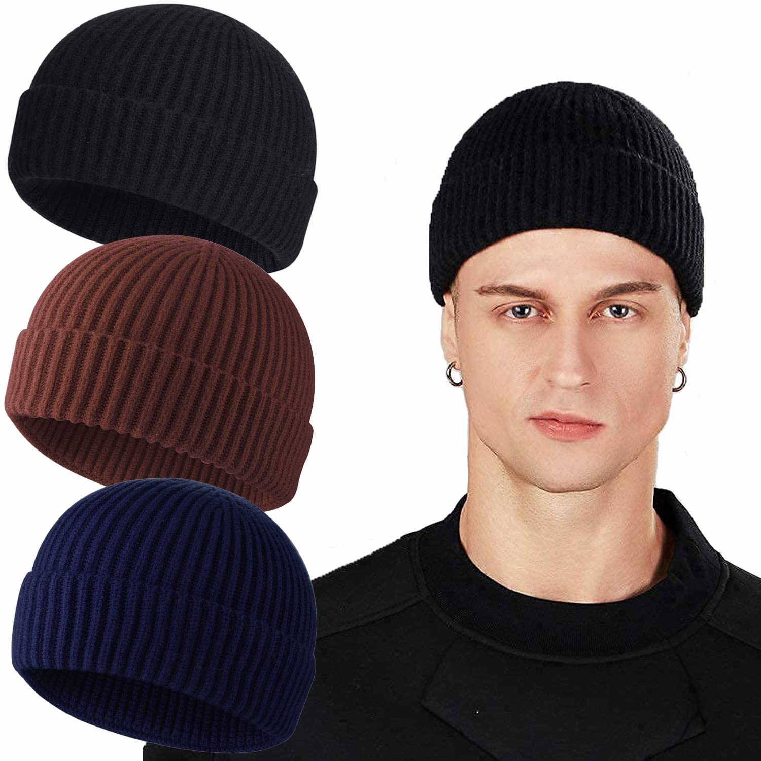 ROYBENS Swag Wool Knit Cuff Short Fisherman Beanie for Men Women, Winter Warm Hats