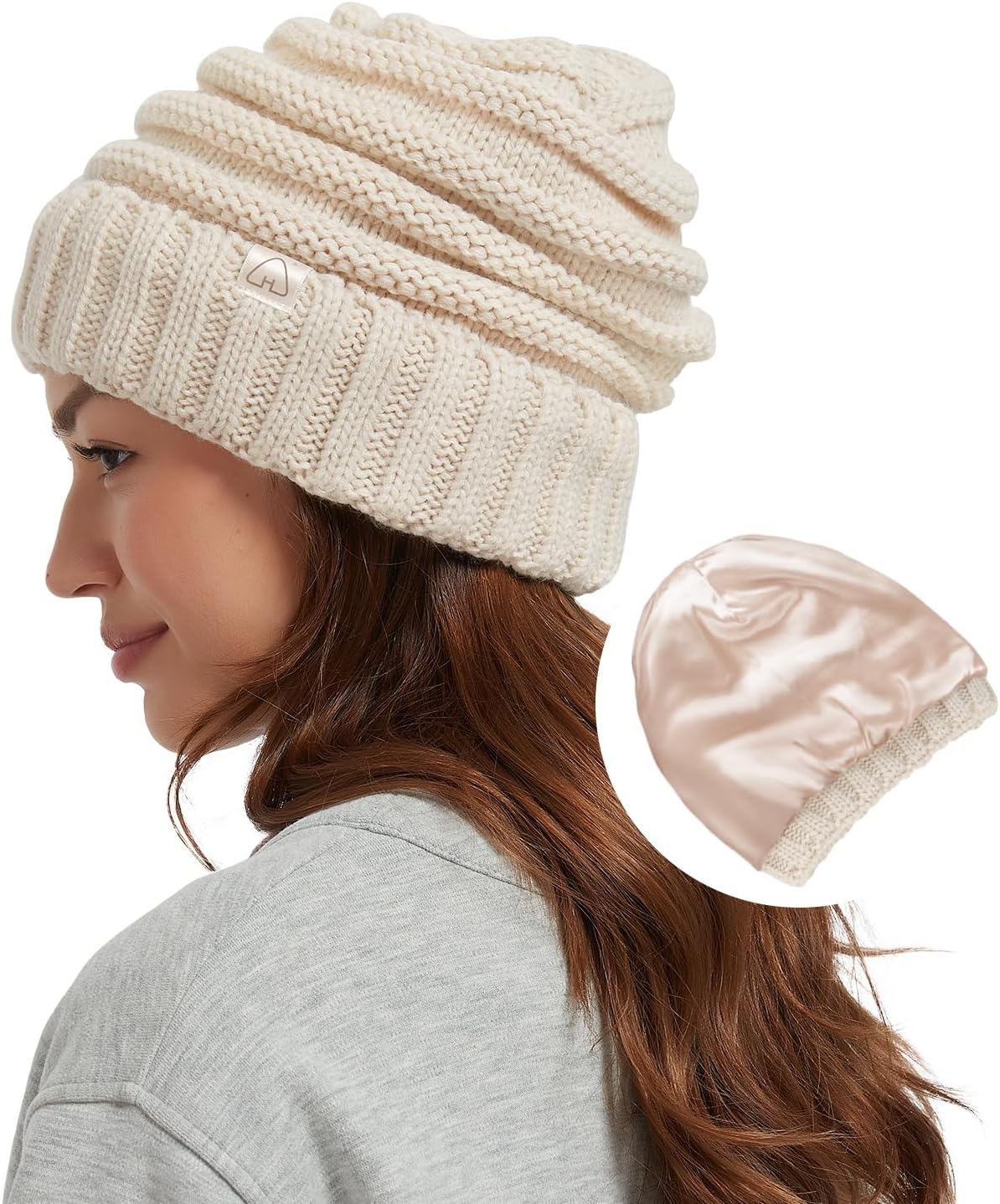 Hat Hut Womens Satin Lined Beanie Winter Hats with Silk Lining for Hair Slouchy Beanie Soft Warm Cable Knit Winter Hat