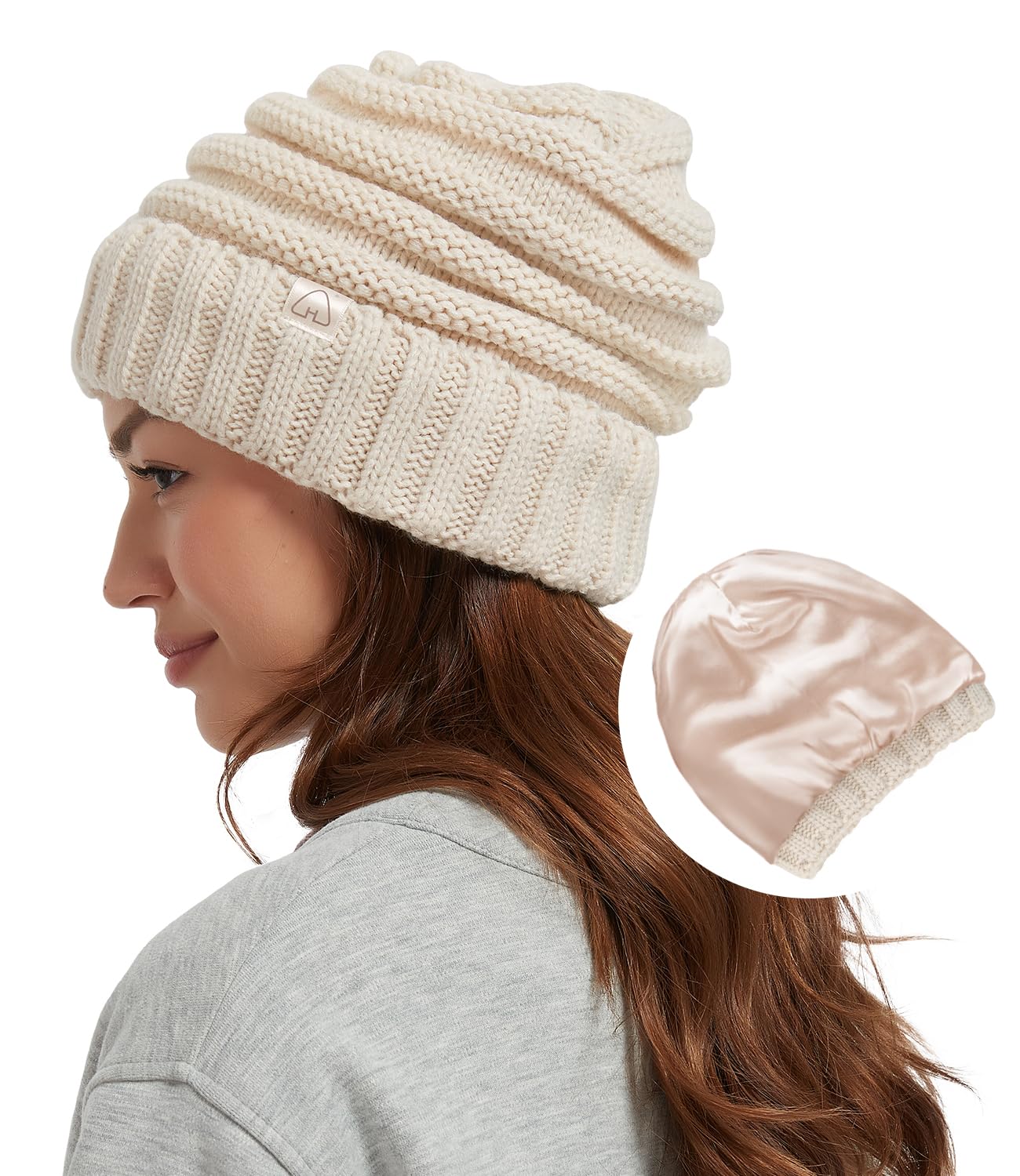 Hat Hut Womens Satin Lined Beanie Winter Hats with Silk Lining for Hair Slouchy Beanie Soft Warm Cable Knit Winter Hat