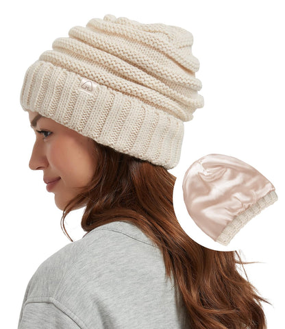Hat Hut Womens Satin Lined Beanie Winter Hats with Silk Lining for Hair Slouchy Beanie Soft Warm Cable Knit Winter Hat