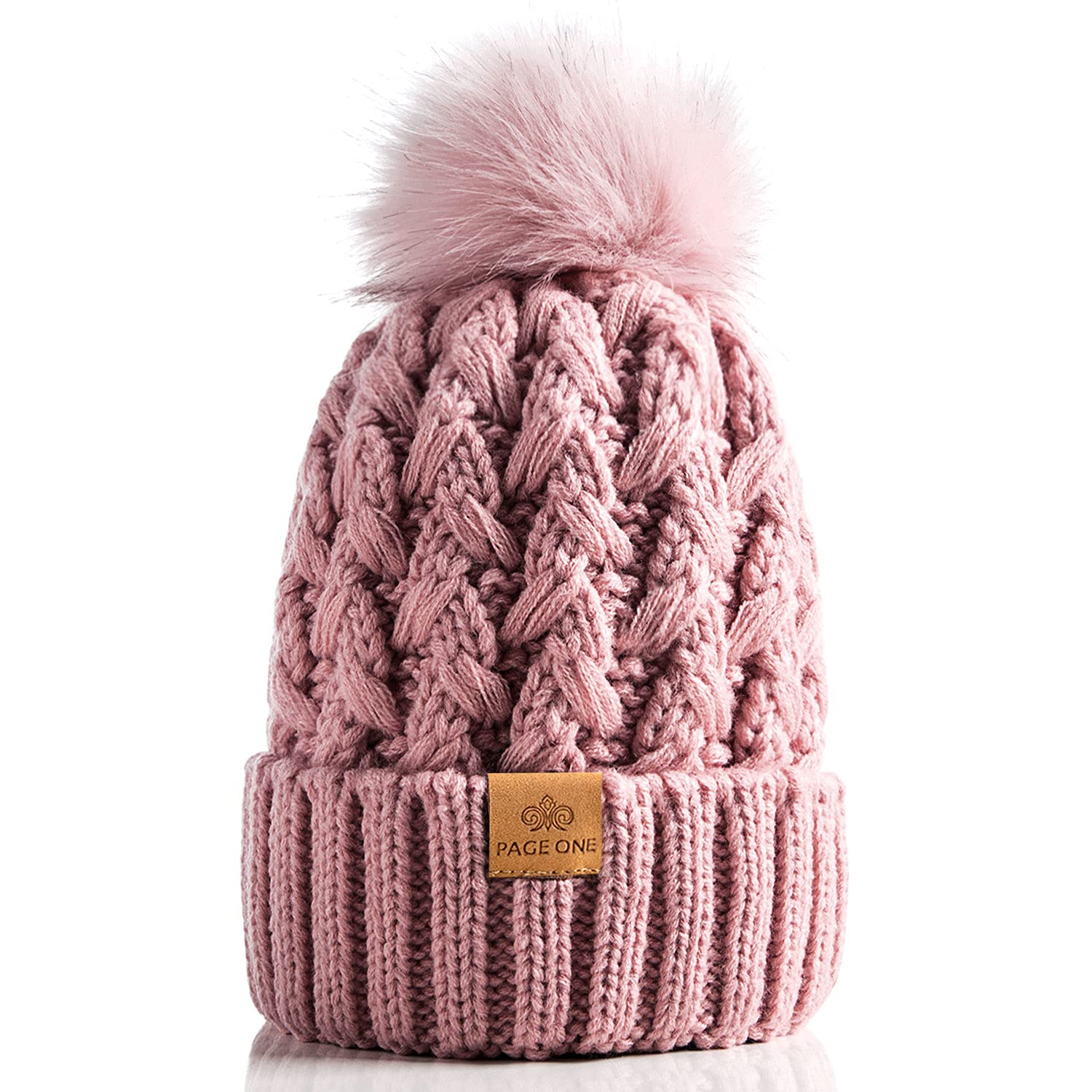 PAGE ONE Womens Winter Ribbed Beanie Crossed Cap Chunky Cable Knit Pompom Soft Warm Hat