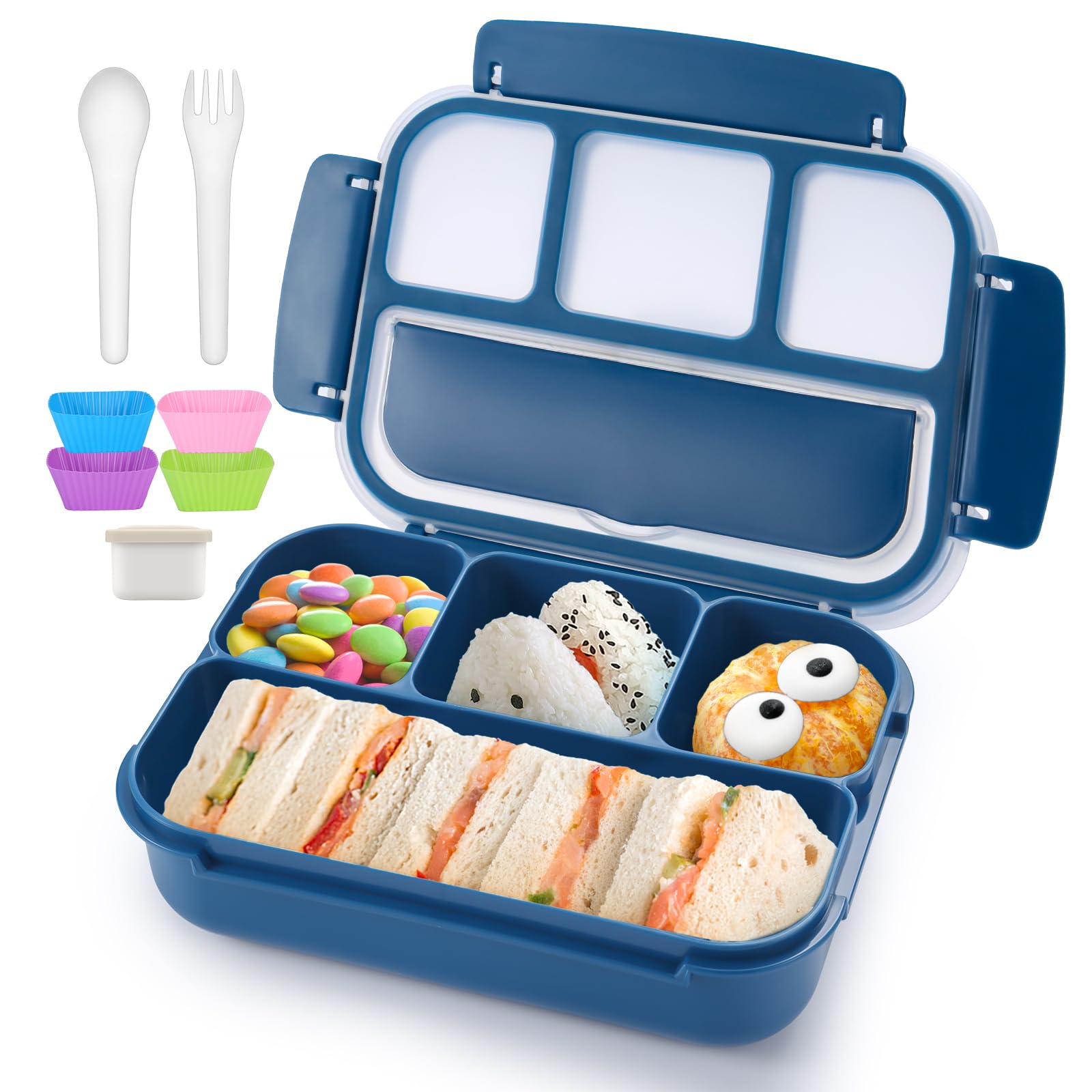 QQKO Bento Lunch Box for Kids Girls Boys, Toddler Kids Lunch Boxes for School, Lunch Containers for Adults with 4 Compartments, Sauce Container, Utensils, Food Picks and Muffin Cups, Purple