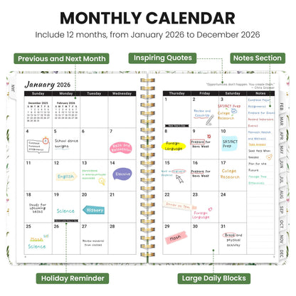 Hardcover 2026 Planner, Weekly and Monthly Calendar, Jan - Dec 2026 Planner Book with Tabs for Women, Inner Pocket, Spiral Bound, Perfect for Office/Home/School Supplies, Petals, A5, 6.3" x 8.5"