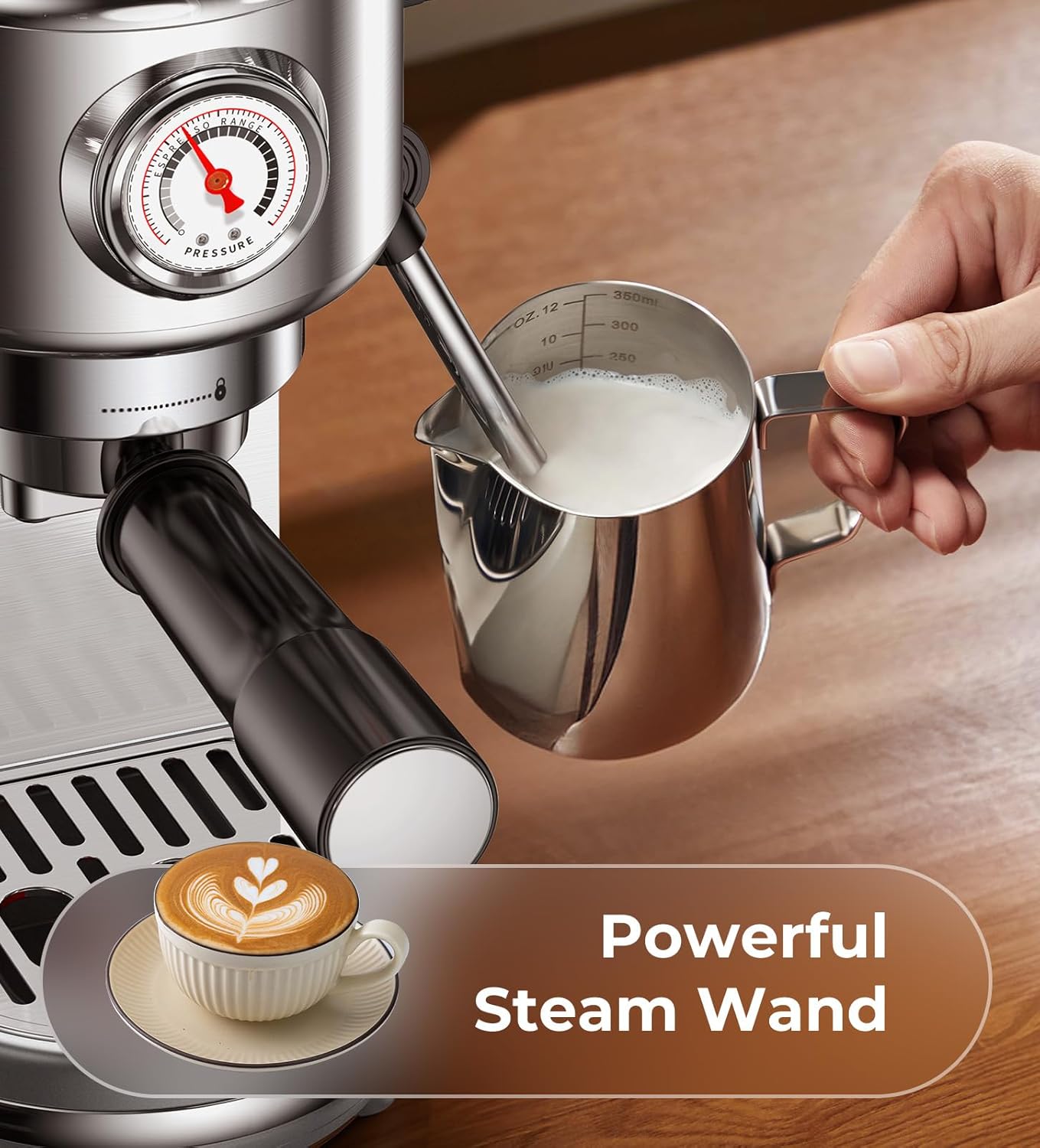 Espresso Machine with Milk Frother, 20 Bar High Pressure Professional Espresso Maker Automatic, Compact Stainless Steel Coffee Machine for Cappuccino, Latte, Gift for Coffee Lover, Dad or Mom, Silver