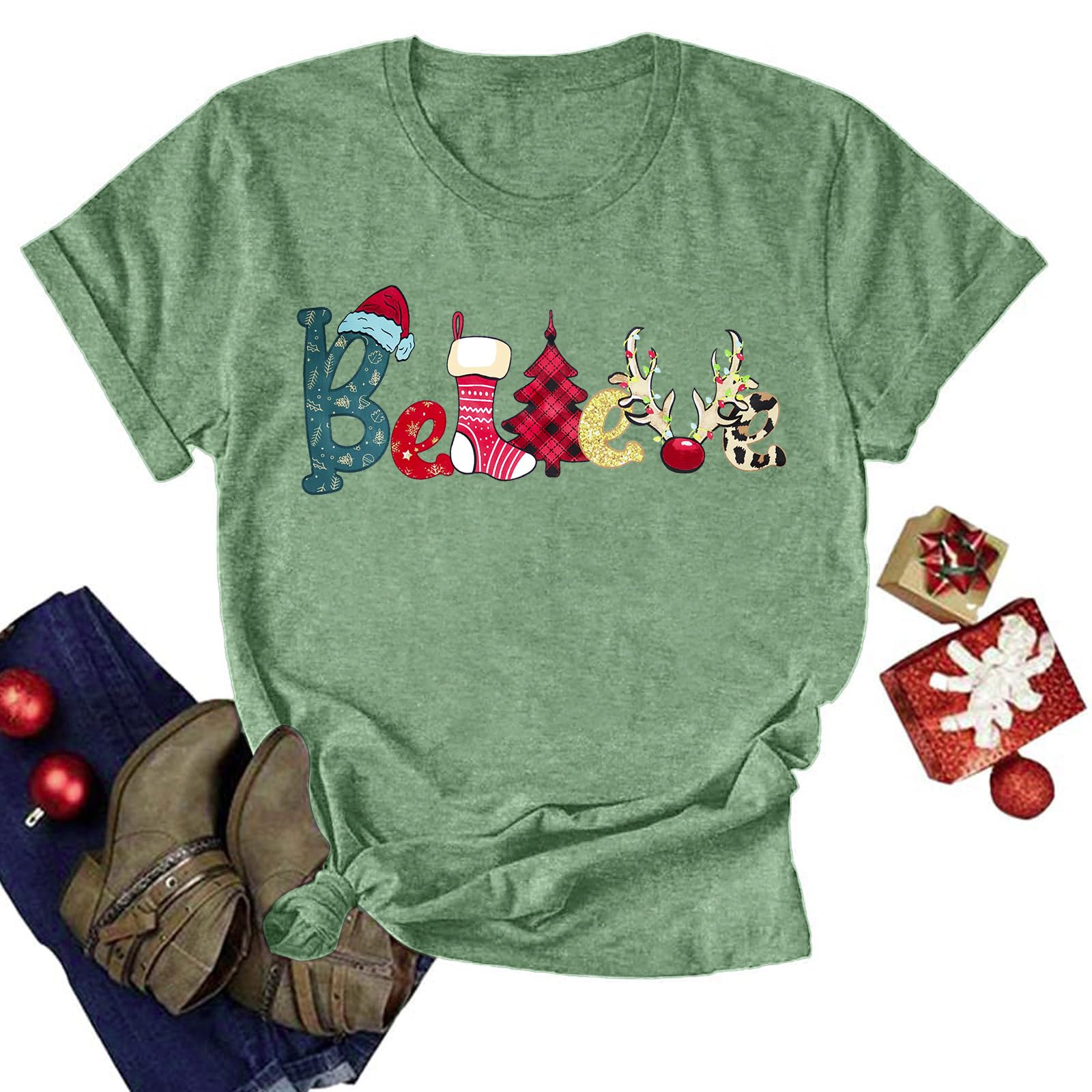 Believe Christmas Shirt for Women Christmas Tree Graphic T-Shirts Believe Letter Print Tees Holiday Tops