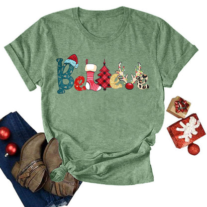 Believe Christmas Shirt for Women Christmas Tree Graphic T-Shirts Believe Letter Print Tees Holiday Tops