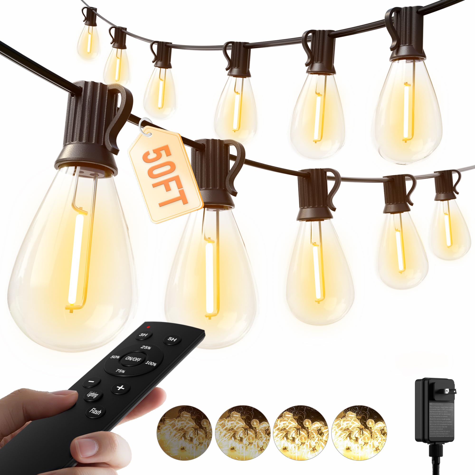 luckystyle 100FT LED Outdoor String Lights with Remote, 35+ 1 Shatterproof Bulbs Waterproof and Dimmable Patio Lights for Porch, Garden, Backyard, Deck, Balcony, 2700K Hanging Lighting