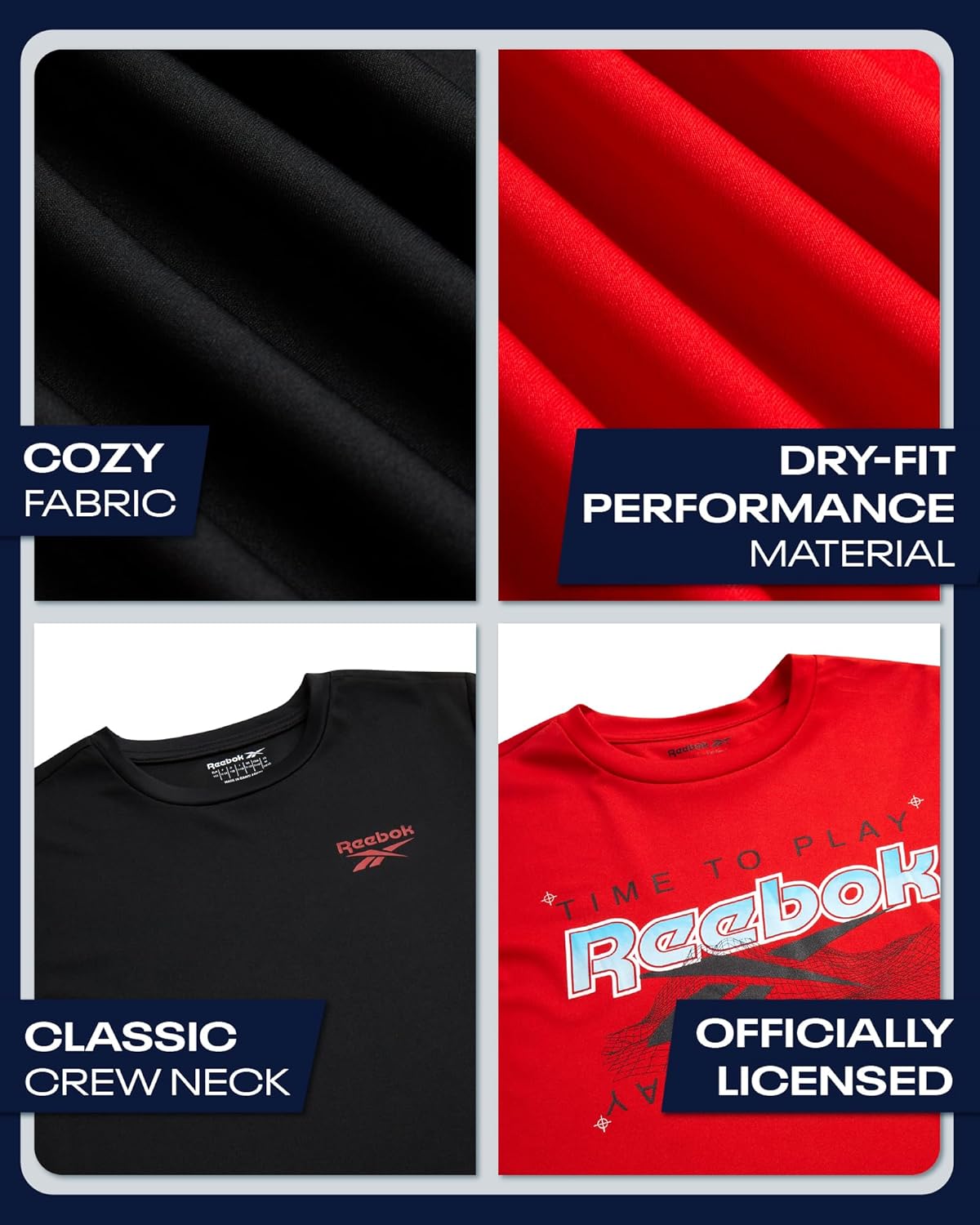 Reebok Active Boys Tshirts - 4 Pack Dry Fit Crew Neck Short Sleeve Boys Athletic Shirts Youth Kids Activewear
