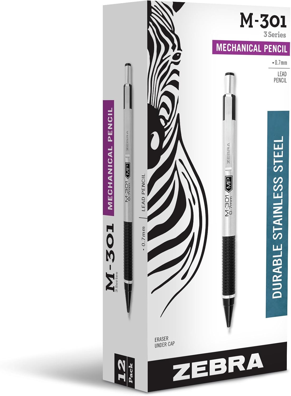 Zebra Pen M-301 Mechanical Pencil, Stainless Steel Barrel, Medium Point, 0.7mm, Black Grip (Pack of 1,12 Count Total)