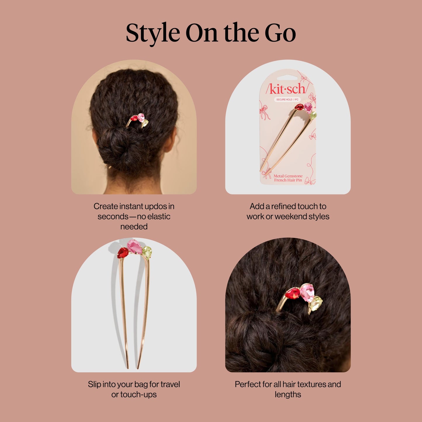 Kitsch Metal French Hair Pin for Women - Elegant Hair Accessories, Ideal for Buns & French Twist, Designed for a Secure, Comfortable Fit | Ideal Gifts for Women - Hematite