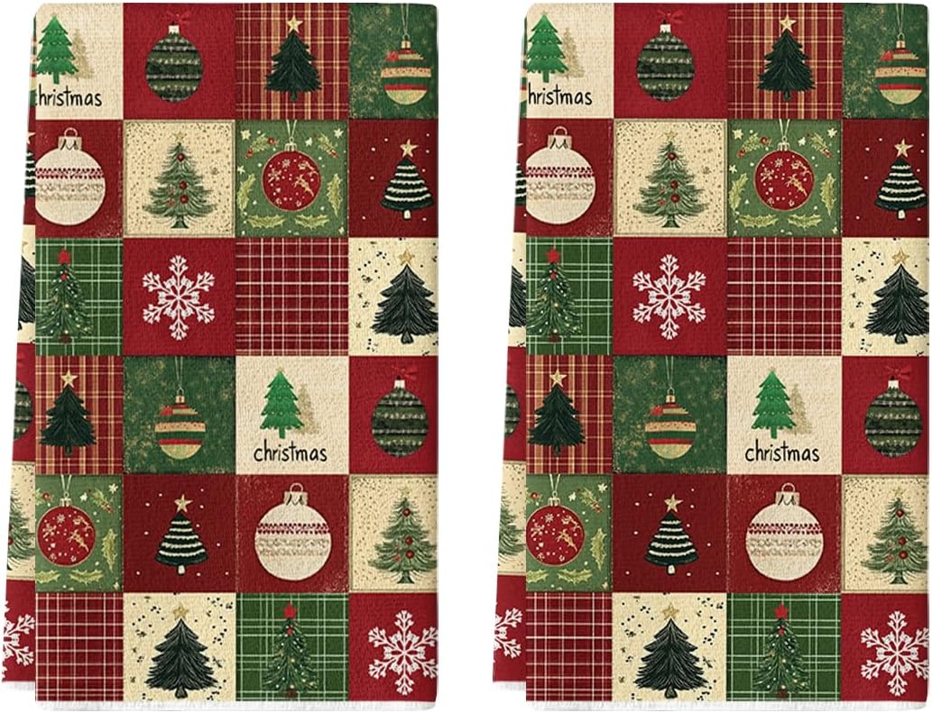 Artoid Mode Checkered Xmas Tree Ornaments Christmas Kitchen Towels Dish Towels, 18x26 Inch Farmhouse Holiday Snowflake Decoration Cleaning Set of 2