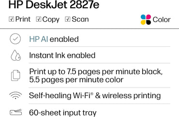 HP DeskJet 2827e Wireless All-in-One Color Inkjet Printer, Scanner, Copier, Best-for-Home, 3 Month Instant Ink Trial Included, AI-Enabled (6W7F5A)
