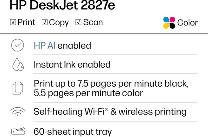HP DeskJet 2827e Wireless All-in-One Color Inkjet Printer, Scanner, Copier, Best-for-Home, 3 Month Instant Ink Trial Included, AI-Enabled (6W7F5A)