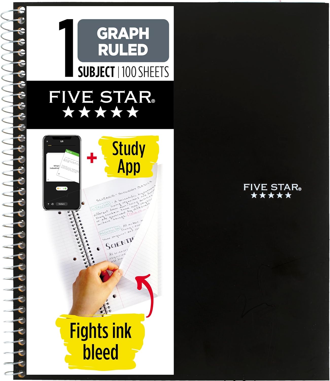 Five Star Spiral Notebook + Study App, 1 Subject, Graph Ruled Paper, 8-1/2" x 11", 100 Sheets, Fights Ink Bleed, Water Resistant Cover, Black (73679)