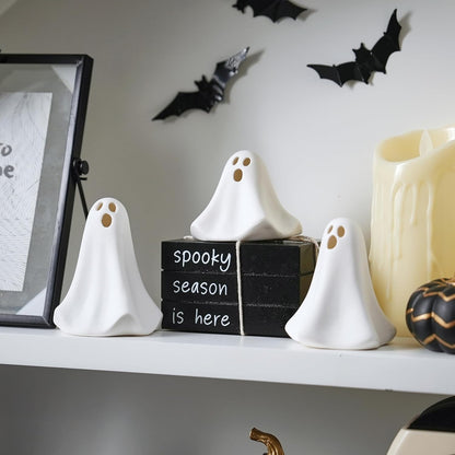 Ceramic Ghost Decor, 3Pcs Light Up Ghosts for Indoor Halloween Decorations, Battery Powered White Mini Ghost Figurines with LED for Spooky Halloween, Home Tabletop Shelf Centerpieces