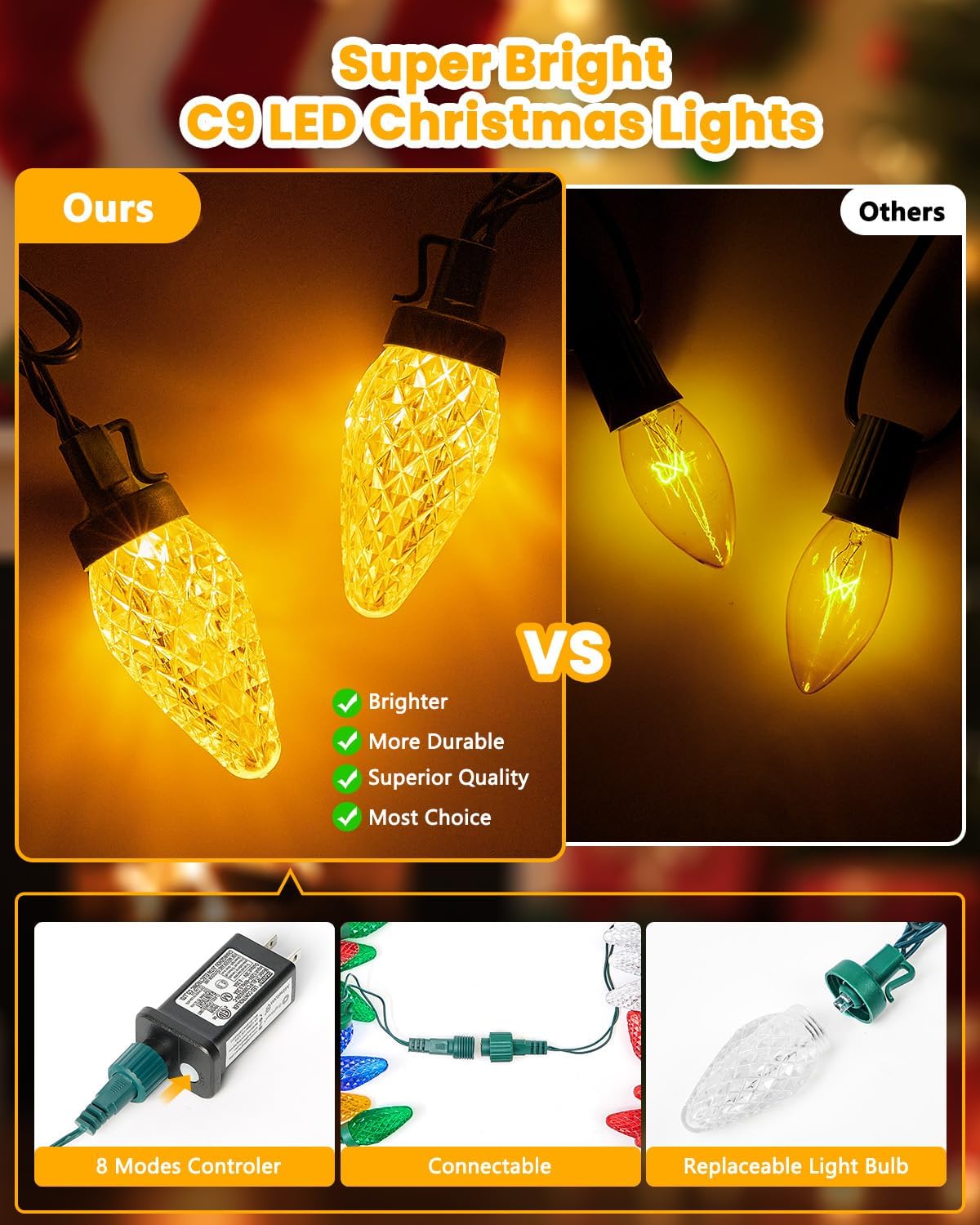 C9-Christmas-Lights-Outdoor,85FT 110LED String Lights with 8 Lighting Mode,Waterproof Connectable UL Certified Warm White C9-Led-Christmas-Light-Decorations for House Yard Patio Roof Garden Decor