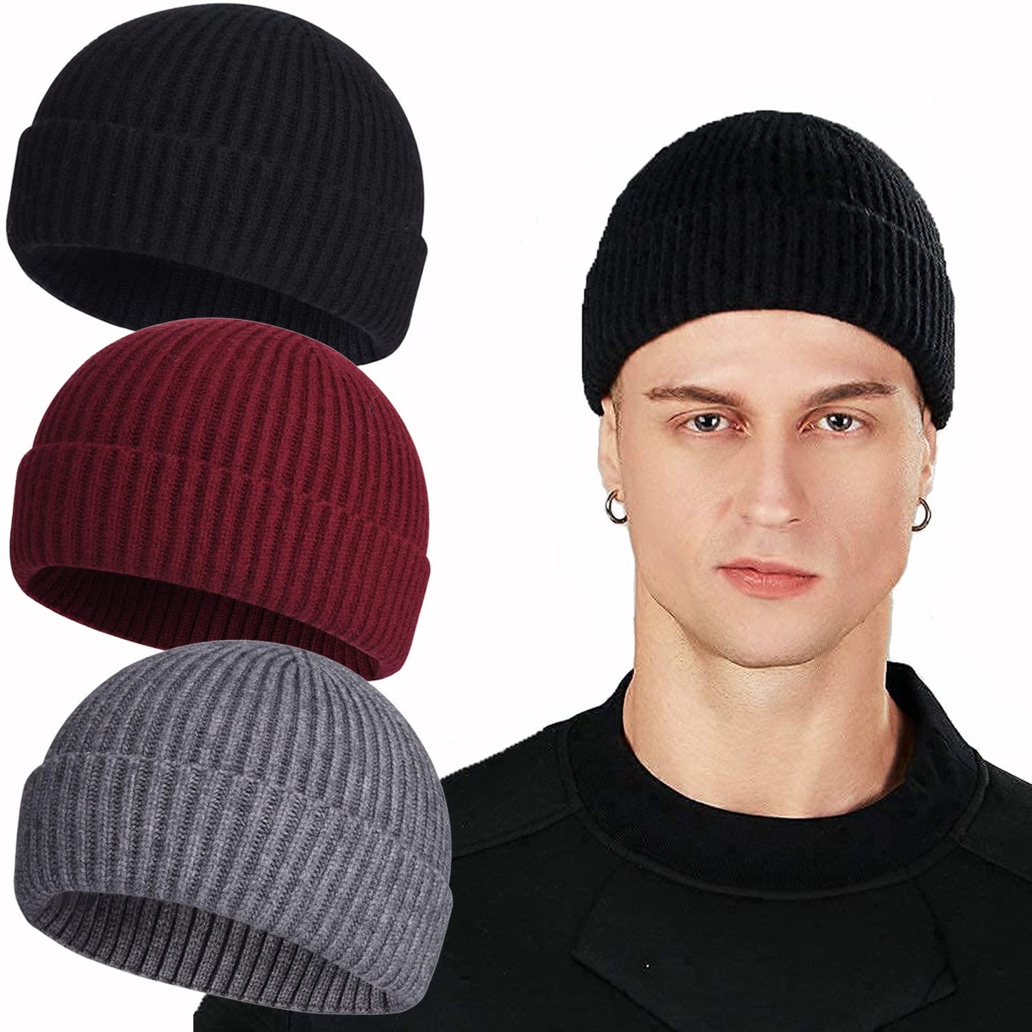 ROYBENS Swag Wool Knit Cuff Short Fisherman Beanie for Men Women, Winter Warm Hats