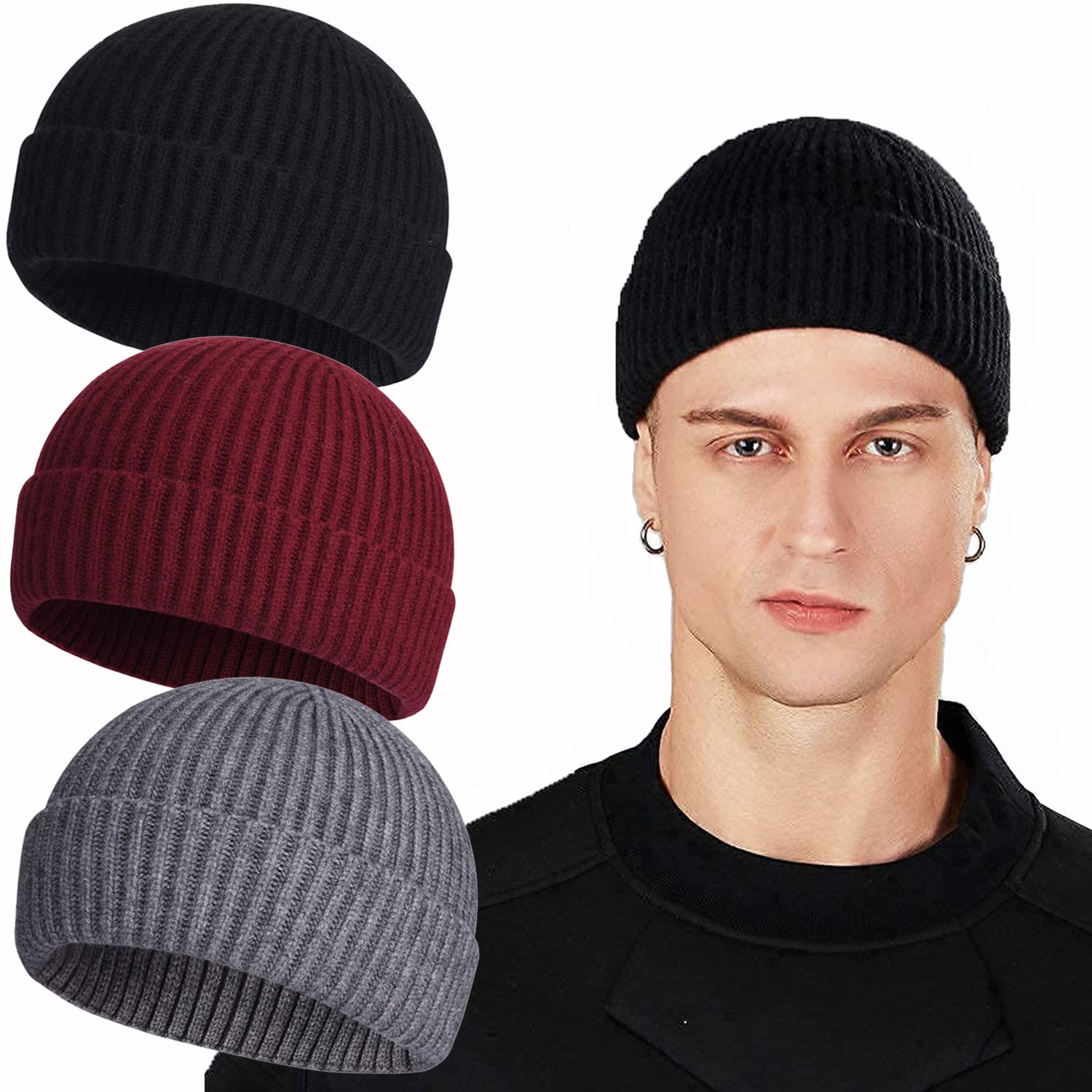 ROYBENS Swag Wool Knit Cuff Short Fisherman Beanie for Men Women, Winter Warm Hats