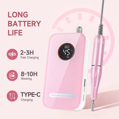 Professional Nail Drill Electric File 45000RPM, Portable Rechargeable Electric Nail File with 11 Drill Bits & 50 Sanding Bands, Low Noise Nail Drill Kit for Acrylic Gel Nails, Salon & Home Use, Pink