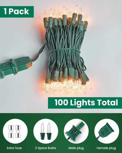 Minetom Clear Christmas String Lights 100 Count 25 Feet Incandescent Bulb Mini Lights for Indoor Xmas Tree Garland Birthday Wedding Party Festival Decoration, Green Wire