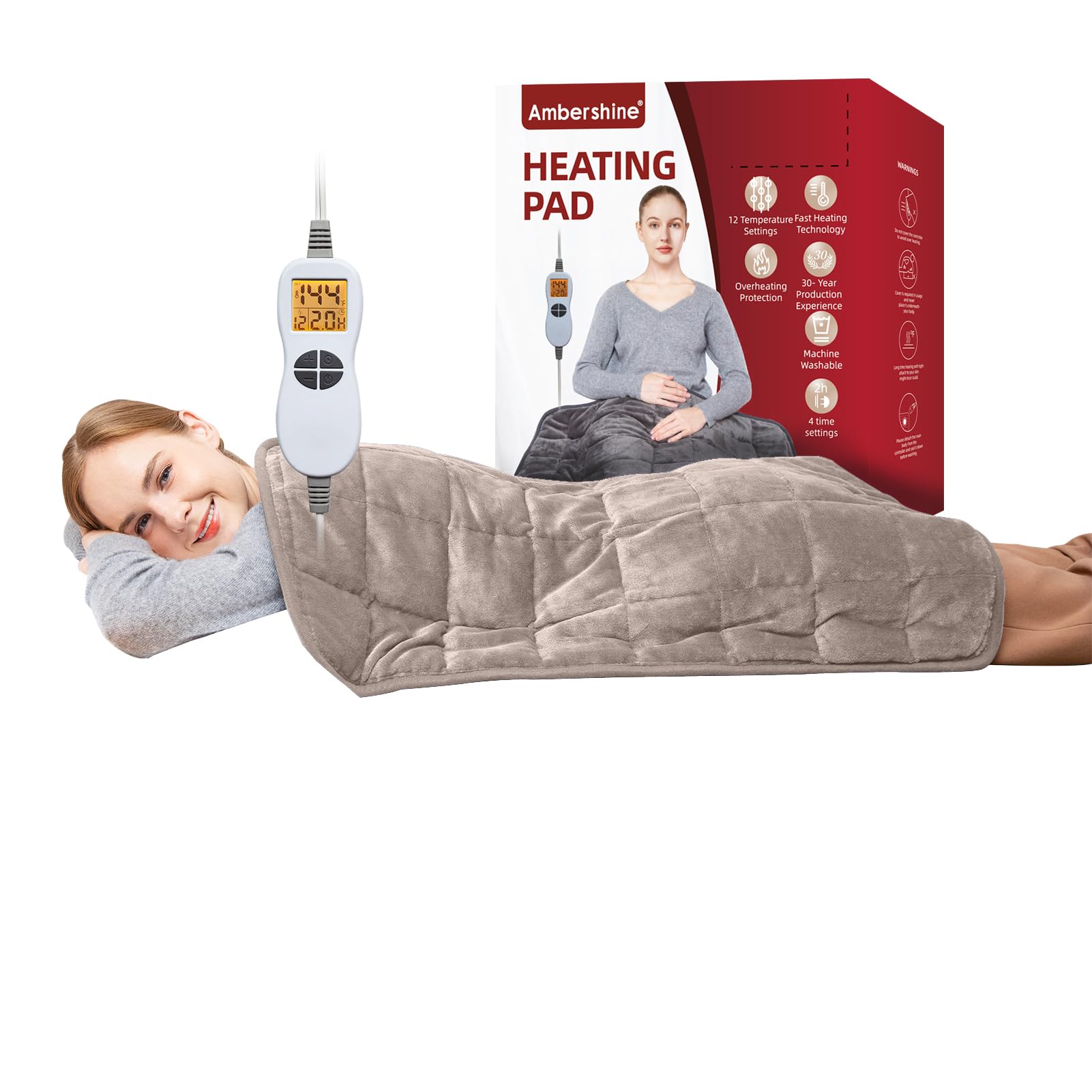 Ambershine 26"x35" XXXL King Size Neck& Shoulder& Back Heating Pad with 12 Temperature Settings& 4 Auto-Off Countdown Timers, Pain Relief for Back/Neck/Shoulder, Christmas gift for mom dad (Dark Gray)