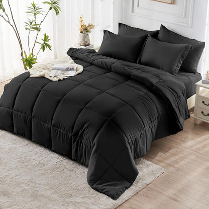 JOLLYVOGUE Queen Comforter Set, Ultra-Soft Bed in a Bag Queen Size 7 Pieces, Oeko-TEX Certified Bedding Set with Down Alternative Comforter, Sheets, Pillowcases & Shams, Black