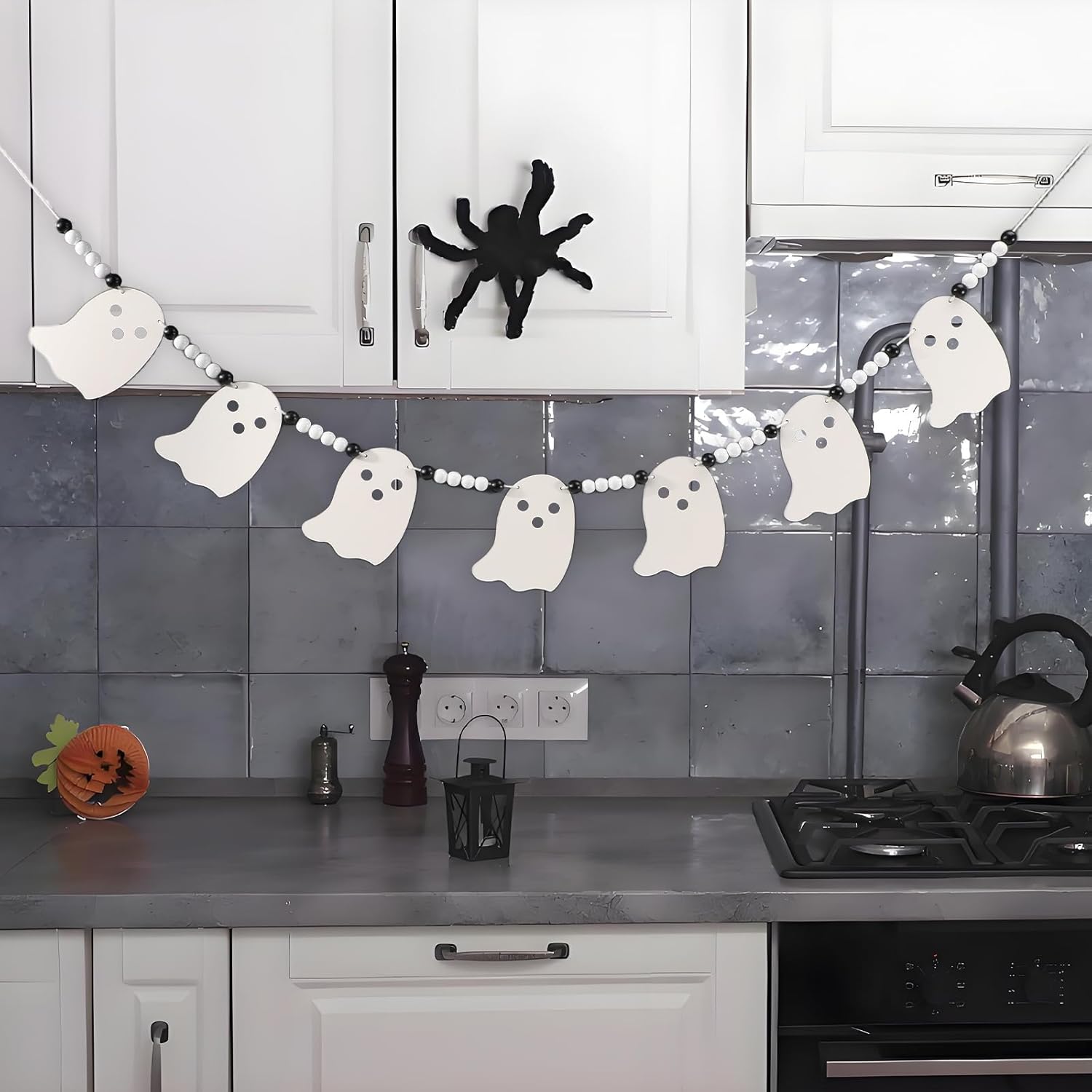 Cute Halloween Ghost Garland Decorations Indoor Outdoor, Wood Ghost Banner with Beads, Rustic Halloween Banner for Haunted House Party Decor