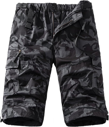 Mylldey Men's Cargo Shorts 3/4 Relaxed Fit Mens Running Shorts 7 Pockets Elastic Waist Cotton Hiking Shorts