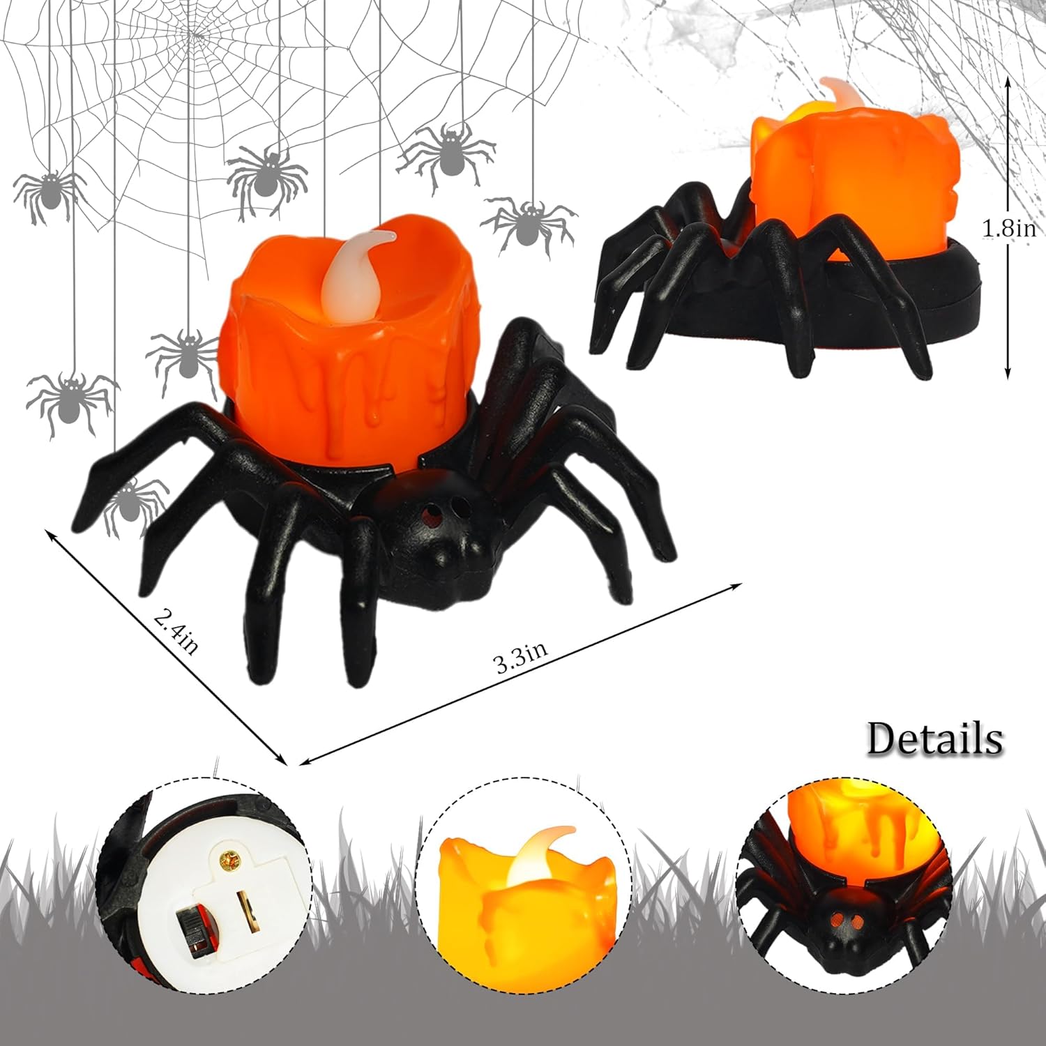 Dazzle Bright 12 Pack Halloween Spider Tea Lights Candles, Battery Operated LED Flameless Spider Candles Holder Lights, Spooky Halloween Decorations for Party Table Home Decor