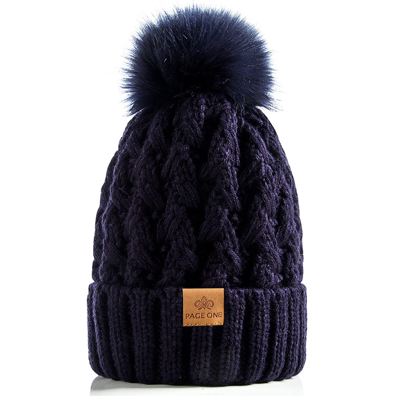 PAGE ONE Womens Winter Ribbed Beanie Crossed Cap Chunky Cable Knit Pompom Soft Warm Hat