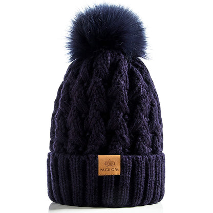 PAGE ONE Womens Winter Ribbed Beanie Crossed Cap Chunky Cable Knit Pompom Soft Warm Hat