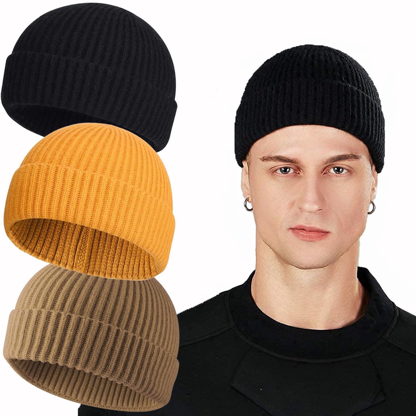 ROYBENS Swag Wool Knit Cuff Short Fisherman Beanie for Men Women, Winter Warm Hats