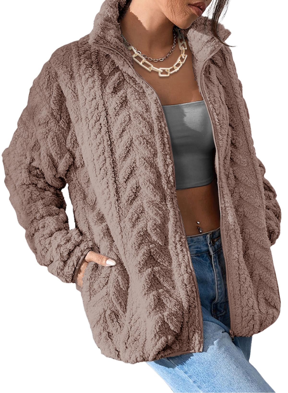 Dokotoo Winter Fleece Jacket for Women 2025 Zipper Stand Collar Casual Coats with Pockets