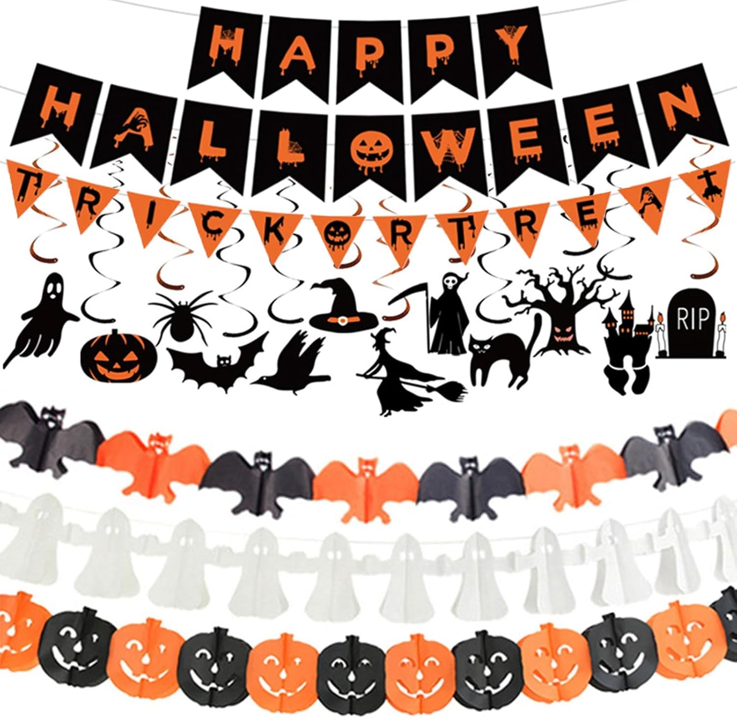 Halloween Decorations Indoor Party Decor, HAPPY HALLOWEEN Accessories with TRICK OR TREAT Banner, 3 PCS Large Garland Bat Ghost Pumpkin, Hanging Party Supplies Backdrop for Home Office Classroom