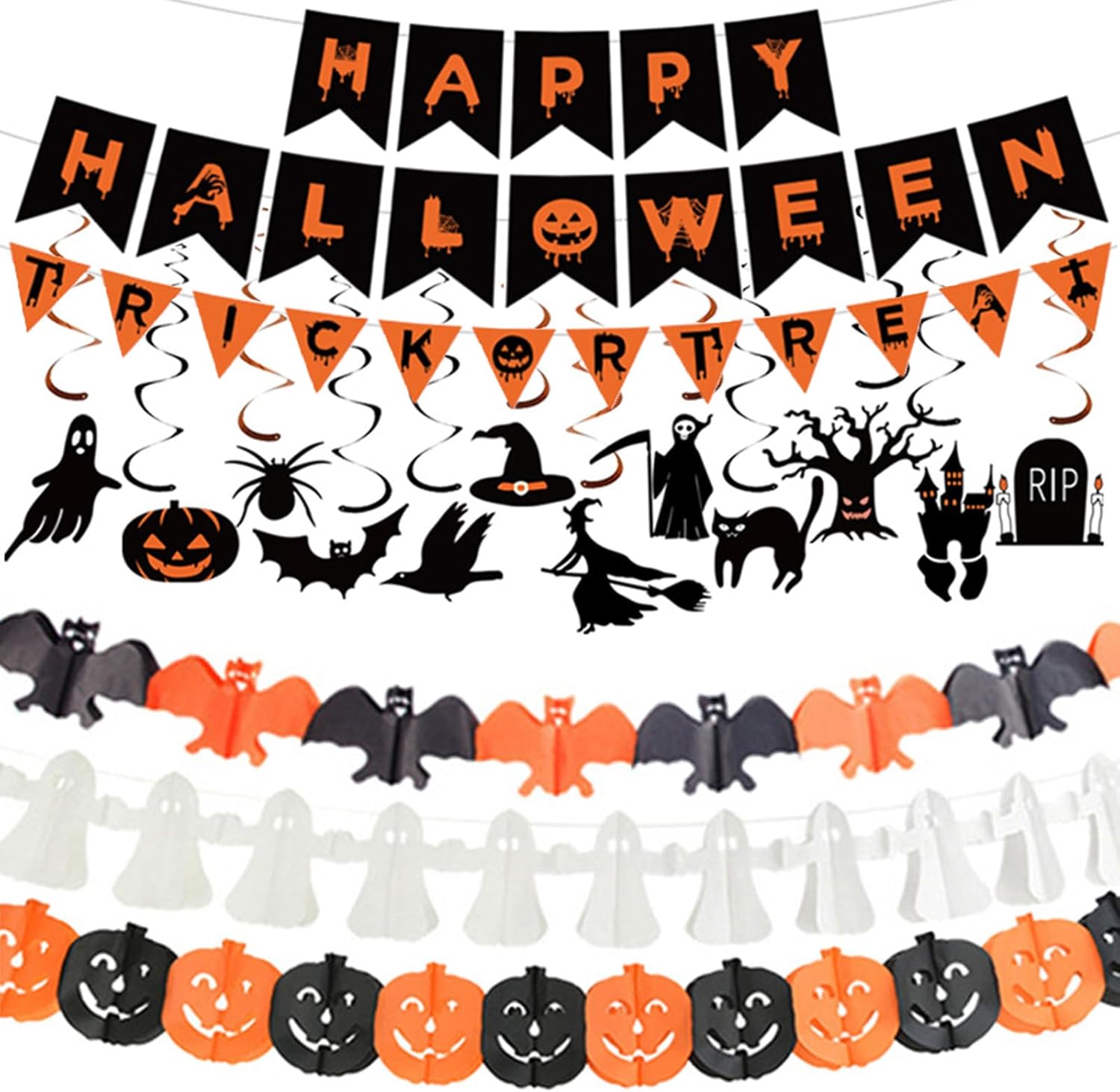 Halloween Decorations Indoor Party Decor, HAPPY HALLOWEEN Accessories with TRICK OR TREAT Banner, 3 PCS Large Garland Bat Ghost Pumpkin, Hanging Party Supplies Backdrop for Home Office Classroom