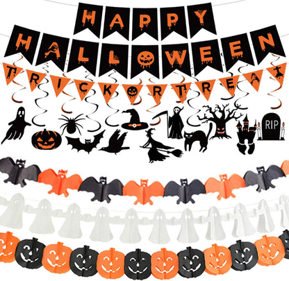 Halloween Decorations Indoor Party Decor, HAPPY HALLOWEEN Accessories with TRICK OR TREAT Banner, 3 PCS Large Garland Bat Ghost Pumpkin, Hanging Party Supplies Backdrop for Home Office Classroom