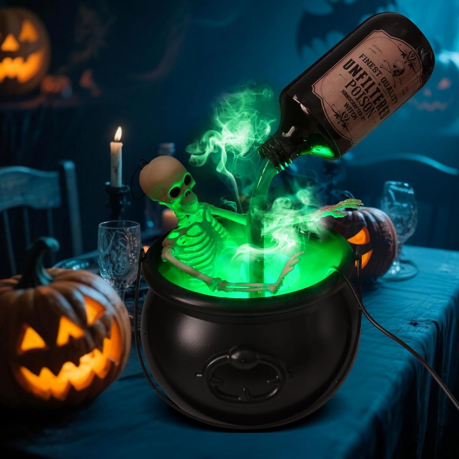 Cauldron Halloween Decor Indoor, Halloween Cauldron Decorations with Magic Floating Potion Bottles & Diffuser, Black Plastic Witches Cauldron Bowl Hocus Pocus Decor for Home Table Mantel Kitchen Room