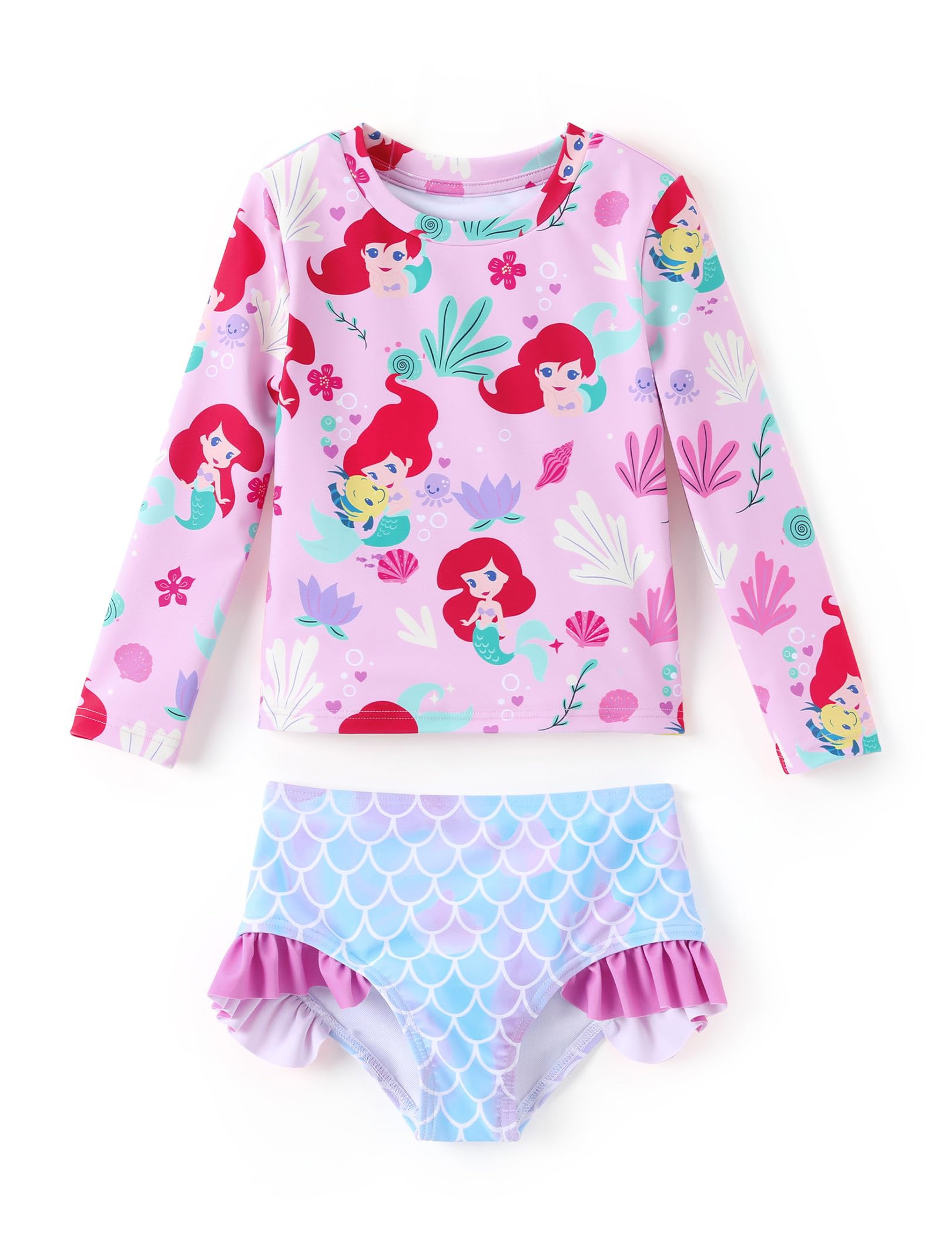 Disney Mickey and Friends Girl Two Piece Long Sleeve Swimsuit Rashguard Bathing Suit