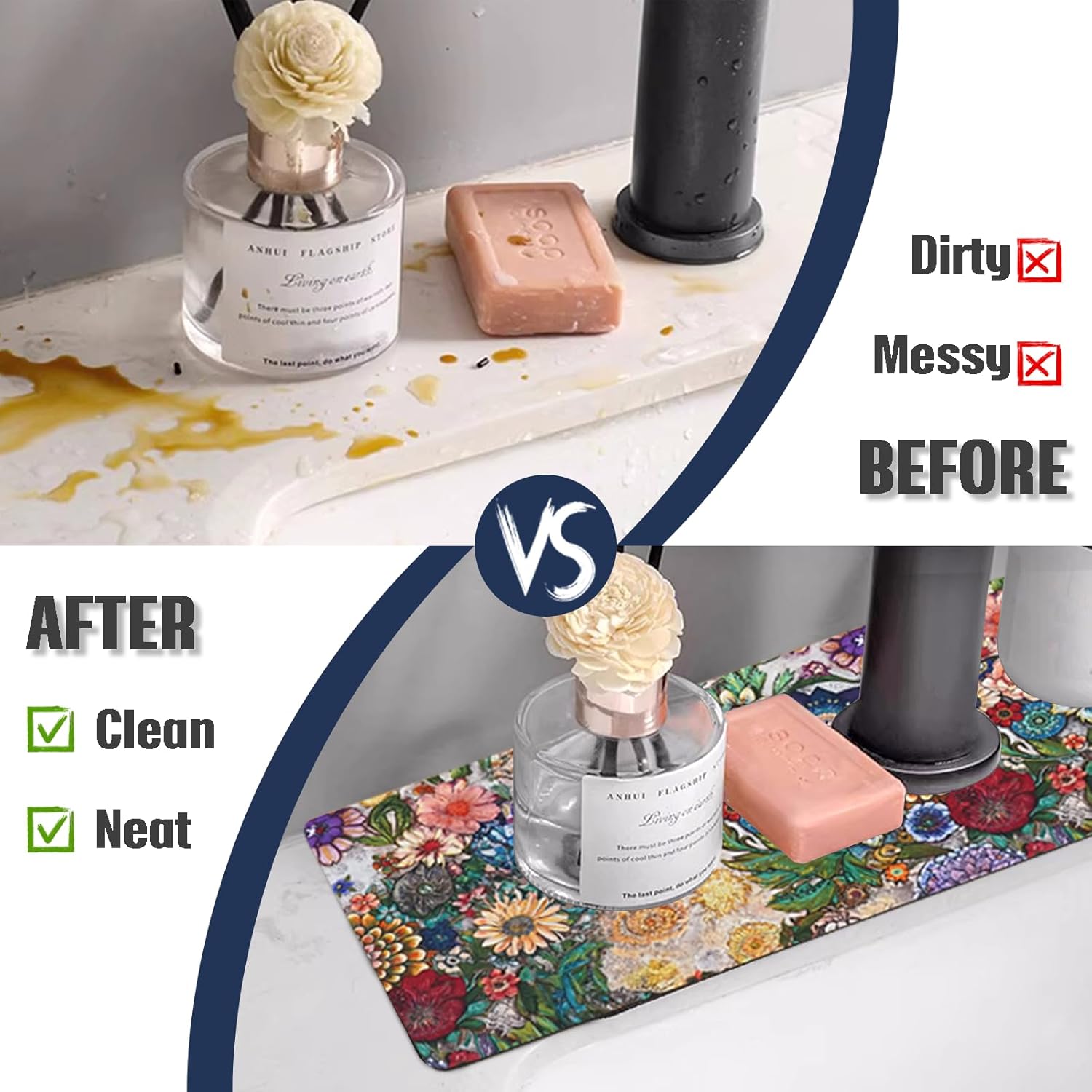 Sink Faucet Absorbing Mat, 2 Pack Drying Mat Around Faucet Sink Splash Guard Behind Faucet Sinkmat For Kitchen Bathroom Island Rv 24 * 5.5 Inch (60 * 14 cm)