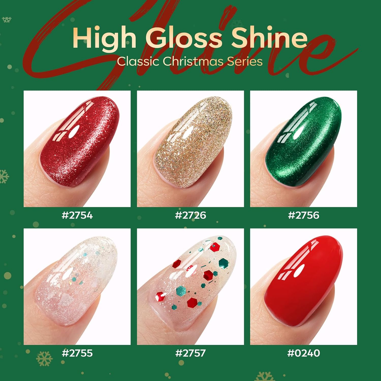 modelones Christmas Gel Nail Polish Set, 6 Colors Cat Eye Red Green Glitter Gold Silver Winter Gel Polish Kit with Magnet Nail Stickers Soak Off Led Nail Art Manicure Salon DIY New Year Holiday Gifts